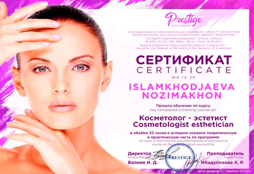 kosmetolog bo'yicha «Престиж» maktabining sertifikati